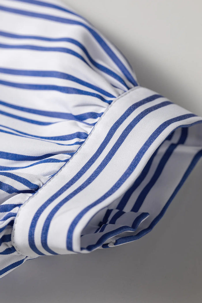 Embroidered Detail Button Front Long Sleeve Shirt – Blue Stripe