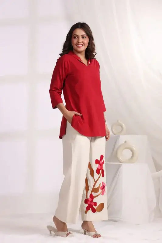 Embroidered Floral Red Cotton Flex Co-ord Set