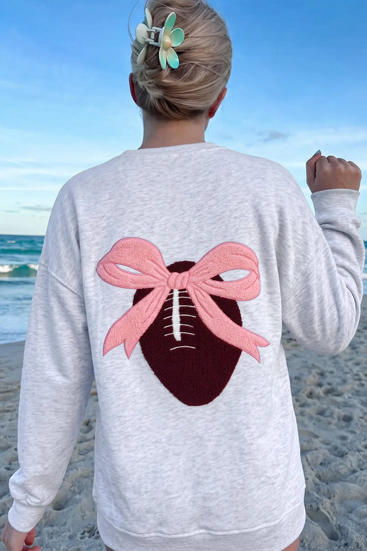 Embroidered Football Bow Back Long Sleeve Sweatshirt – Light Grey