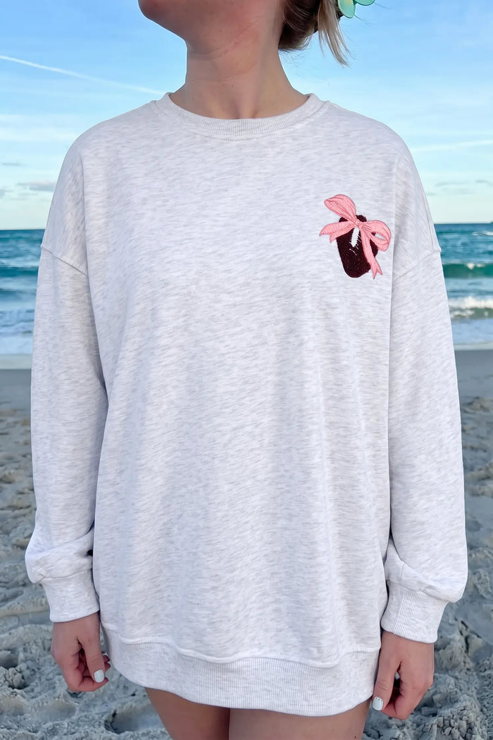 Embroidered Football Bow Back Long Sleeve Sweatshirt – Light Grey