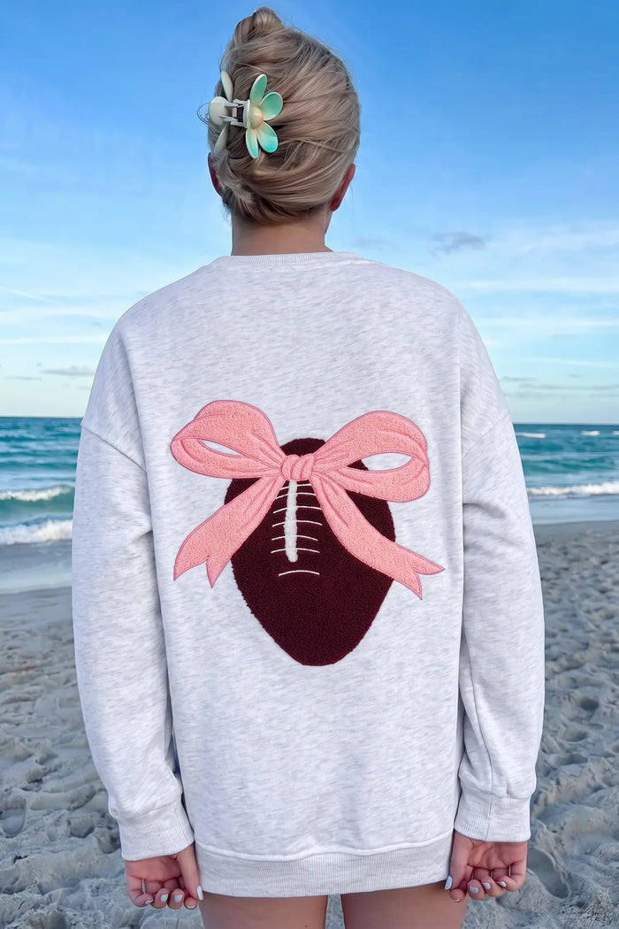 Embroidered Football Bow Back Long Sleeve Sweatshirt – Light Grey