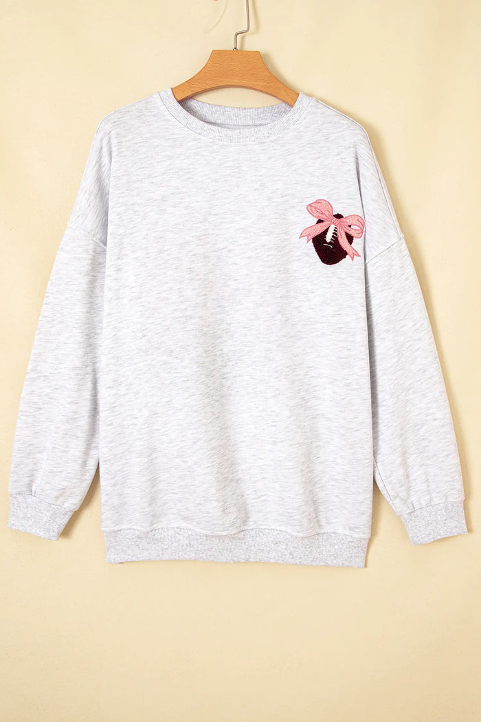 Embroidered Football Bow Back Long Sleeve Sweatshirt – Light Grey