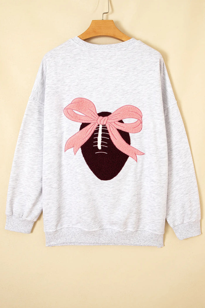 Embroidered Football Bow Back Long Sleeve Sweatshirt – Light Grey