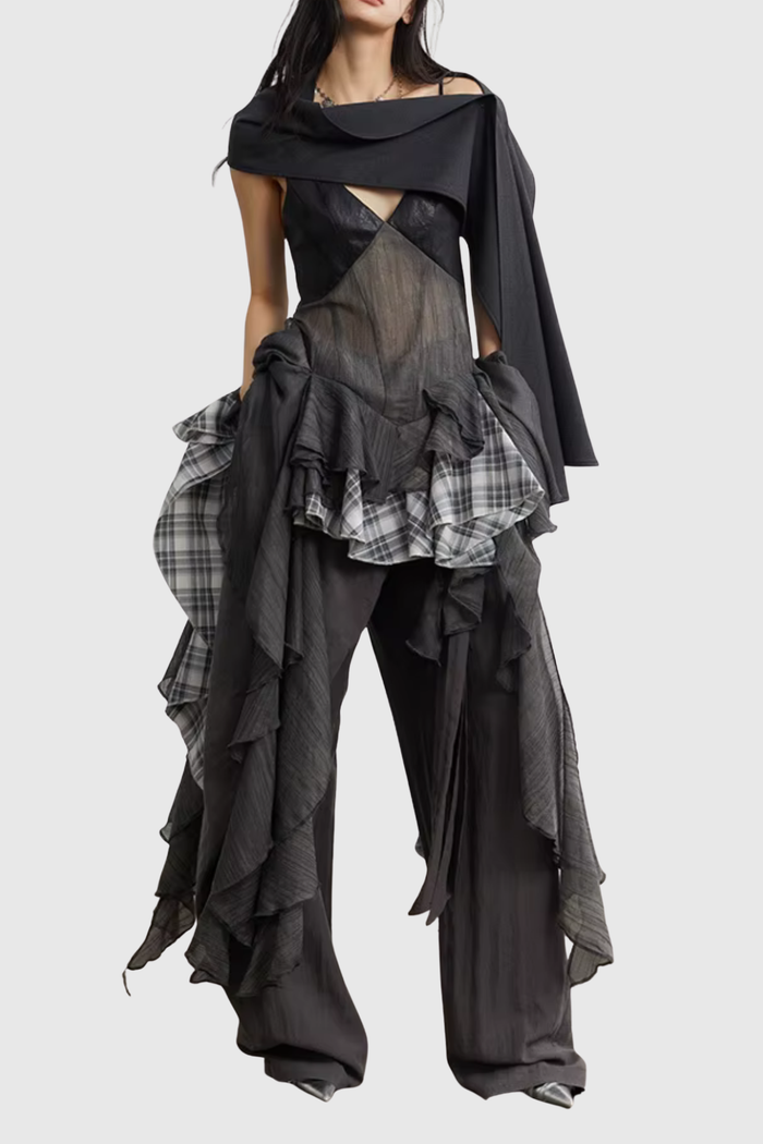 Emmanuelle Mesh Grid Ruffle Top