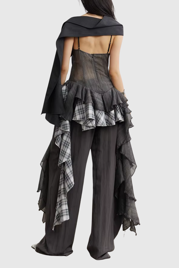 Emmanuelle Mesh Grid Ruffle Top