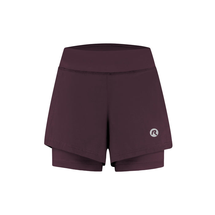 Rogelli Essential 2-in-1 korte hardloopbroek dames eggplant voorkant.