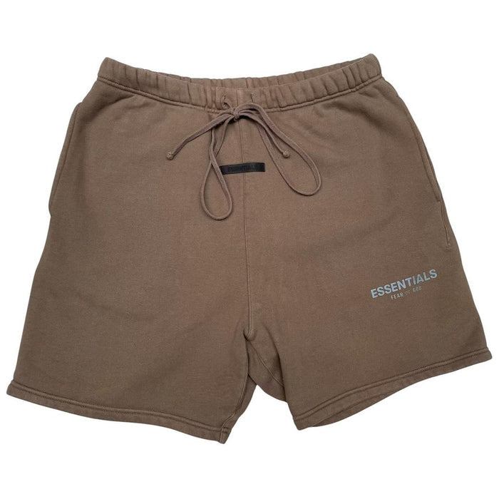 Essentials brown jogger shorts with logo detail and soft cotton material.