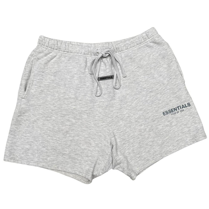 Essentials grey jogger shorts cotton material with logo detail and relaxed fit.