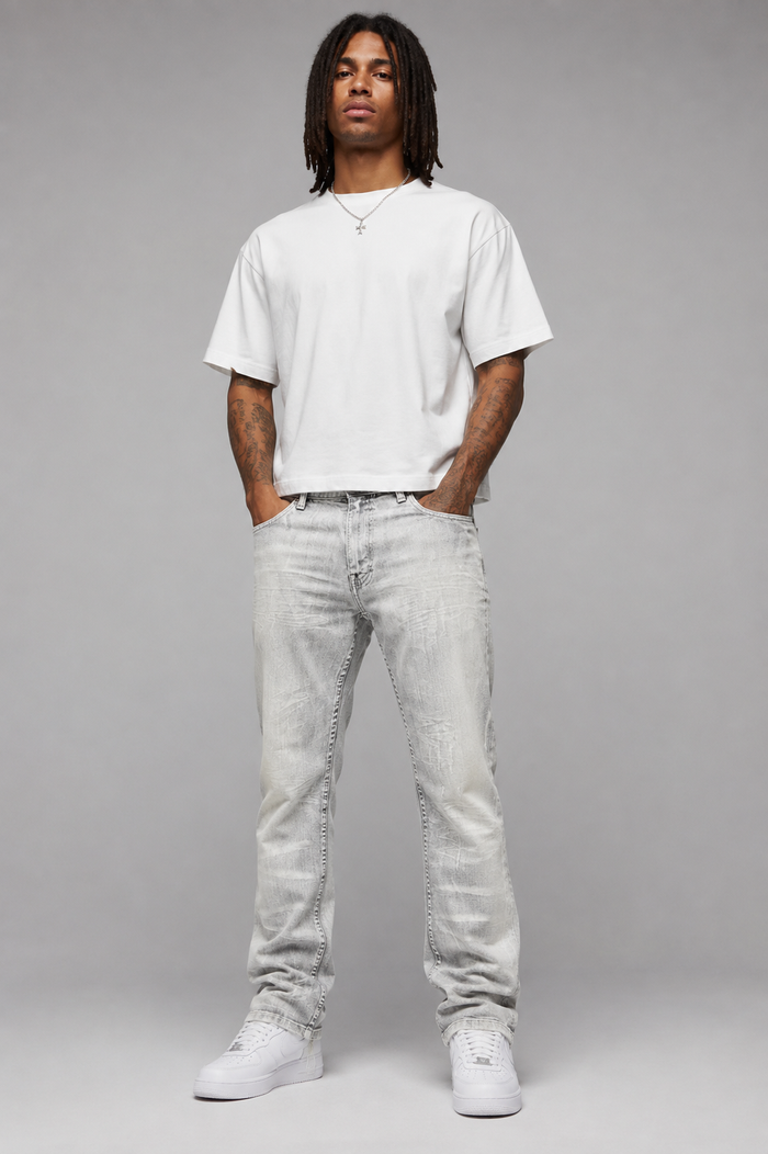 Evolution 'Faded' Relaxed Straight Grey Denim jeans, showing the denim fabric and relaxed fit style.