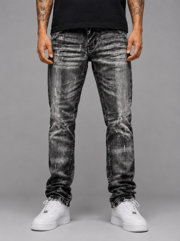 Evolution Faded Relaxed Straight Denim in Washed Black, showing the relaxed fit and faded black wash fabric.