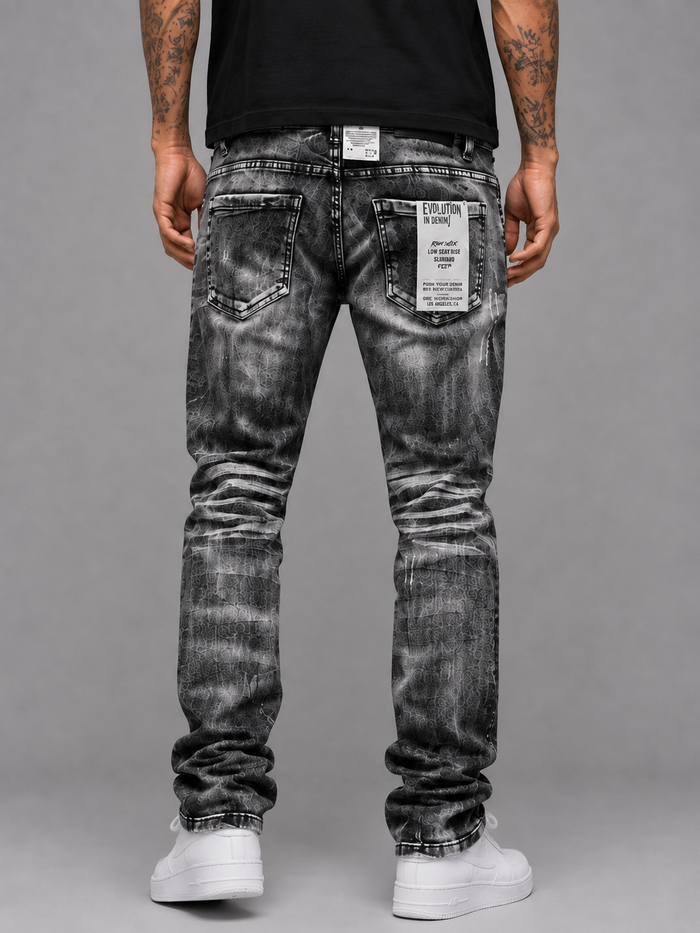 Evolution 'Faded' Relaxed Straight Black Denim jeans, men's casual fit, displayed in a streetwear store setting.