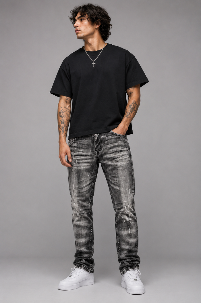 Evolution 'Faded' Relaxed Straight Denim in Washed Black, showing the fit and distressed details of the stylish black denim jeans.