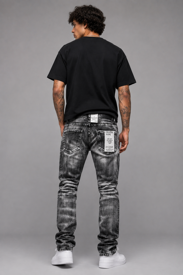 Evolution 'Faded' relaxed straight black denim jeans, washed black color, showing fit and texture in a casual style.