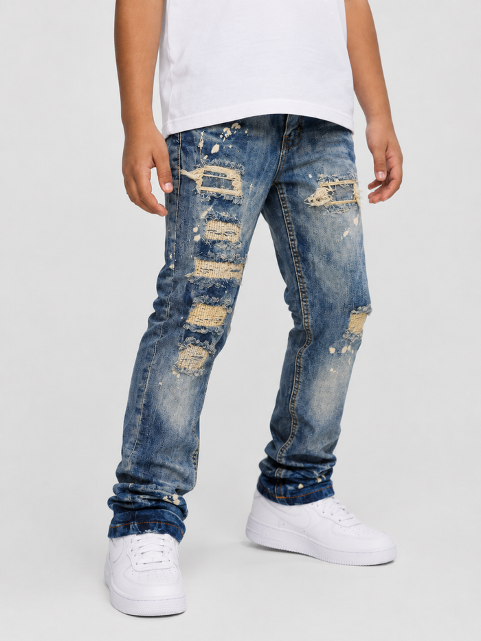 Evolution Kids bleached distressed denim jeans for kids, featuring a light tint and casual, trendy style.
