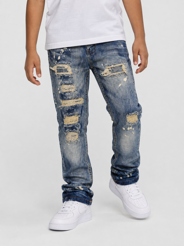 Evolution Kids bleached distressed denim jeans for kids, featuring a light tint and trendy, ripped design.