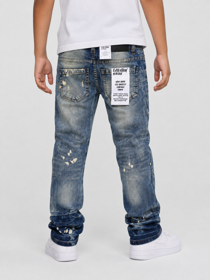 Evolution Kids bleached distressed denim for kids, featuring a light tint and trendy ripped details.