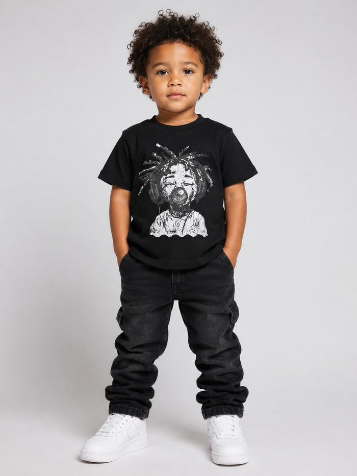Black Evolution Kids Gum Boy T-Shirt for kids, featuring a playful graphic design on the front.