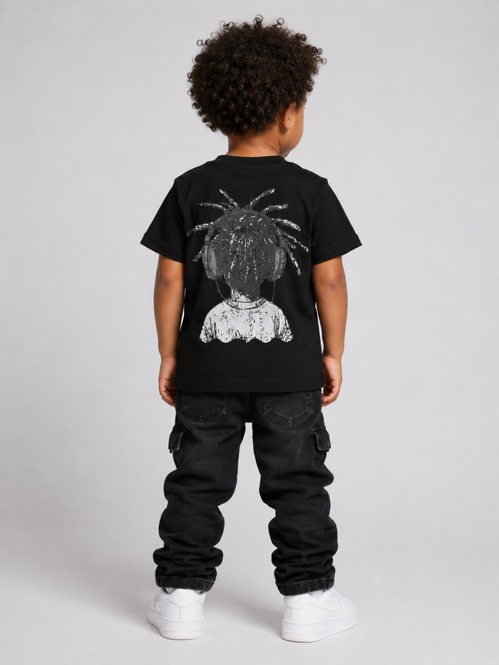 Black Evolution Kids Gum Boy T-shirt for kids, featuring colorful graphic design on the front.