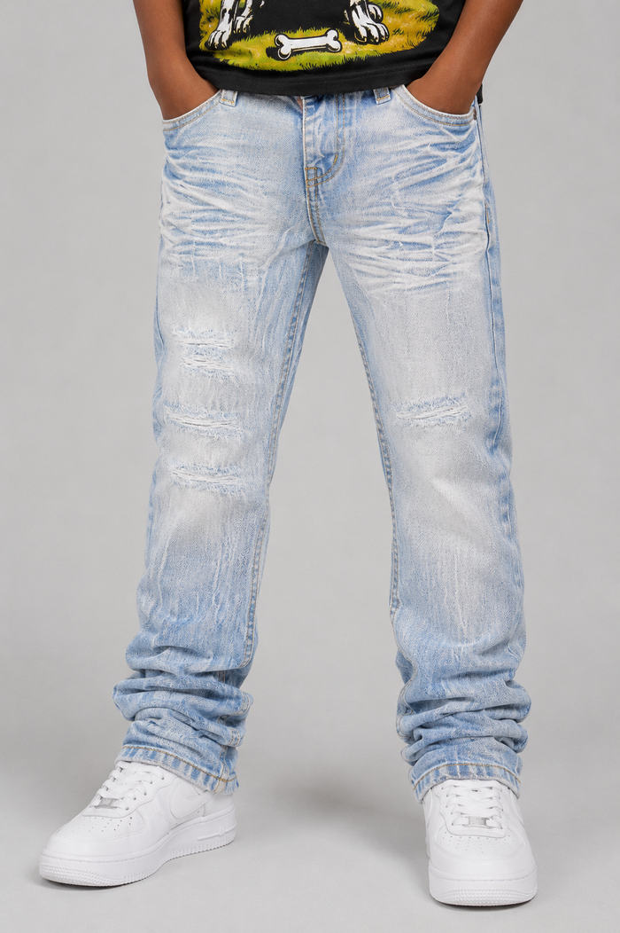 Evolution Kids Relaxed Straight Ice Blue denim jeans for kids, showing the fit and classic five-pocket design.