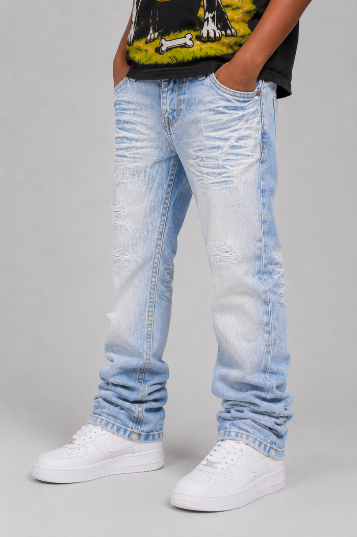 Evolution Kids Relaxed Straight Ice Blue Denim jeans for kids, showing the classic straight fit and light blue denim fabric.