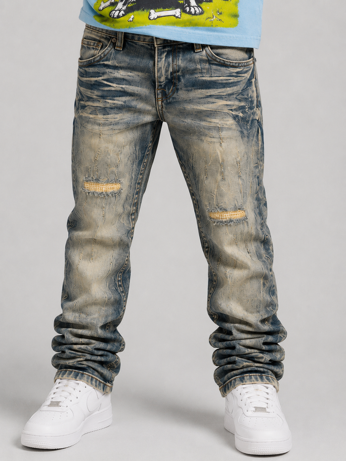 Light wash Evolution Kids Relaxed Straight denim jeans for kids, showing front view with classic five-pocket design and adjustable waistband.