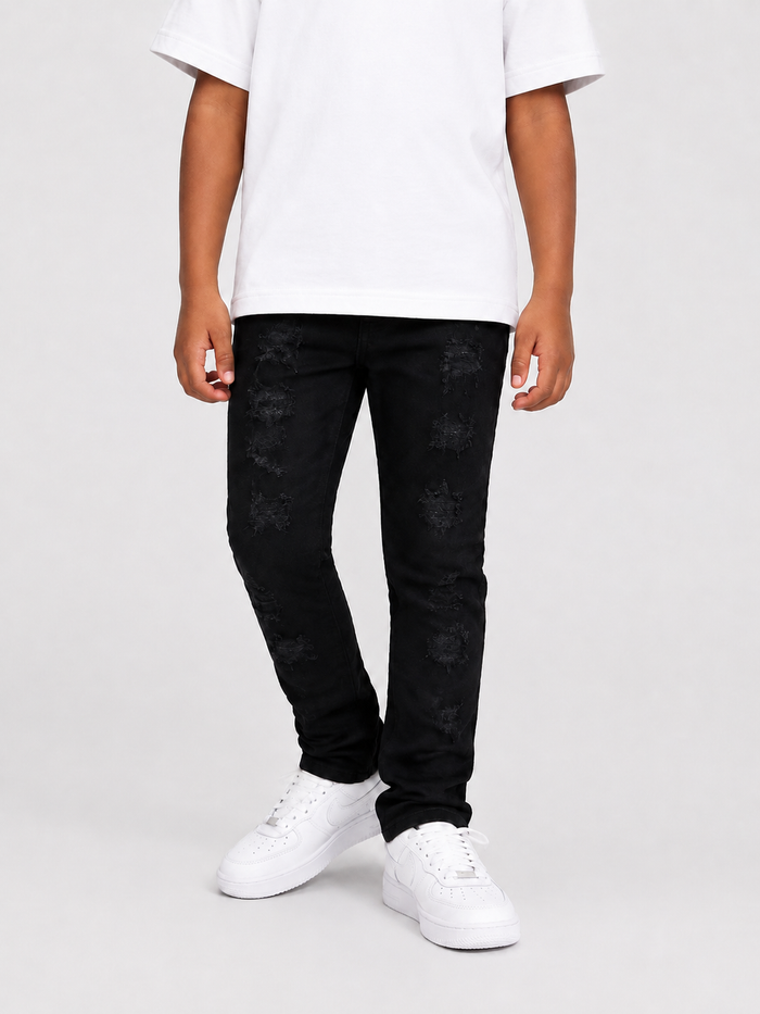 Evolution Kids Rock The Bells denim jeans in jet black, stylish kids' denim pants with a classic fit and brand logo details.