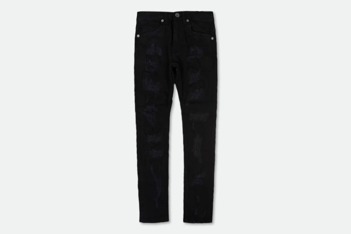 Kids denim jeans by Evolution Kids in Jet Black, featuring stylish rock-themed design and comfortable fit.