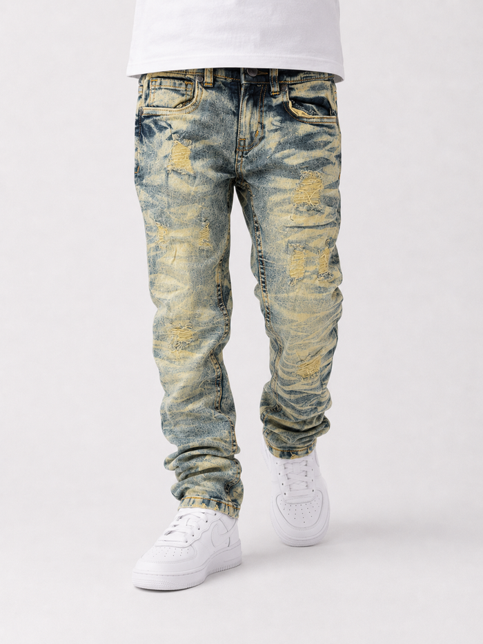 Evolution Kids Wild Tiger distressed ripple denim for kids, medium tint with a rugged, stylish design and tiger embroidery detail.