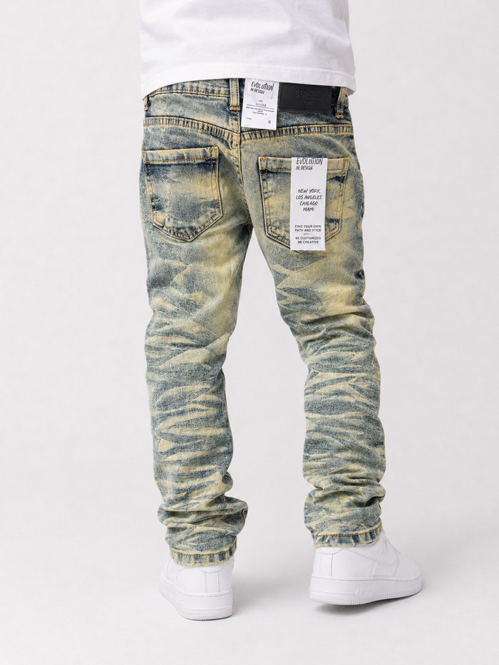 Kids denim jeans by Evolution Kids, Wild Tiger distressed ripple design in medium tint, durable denim for active children.