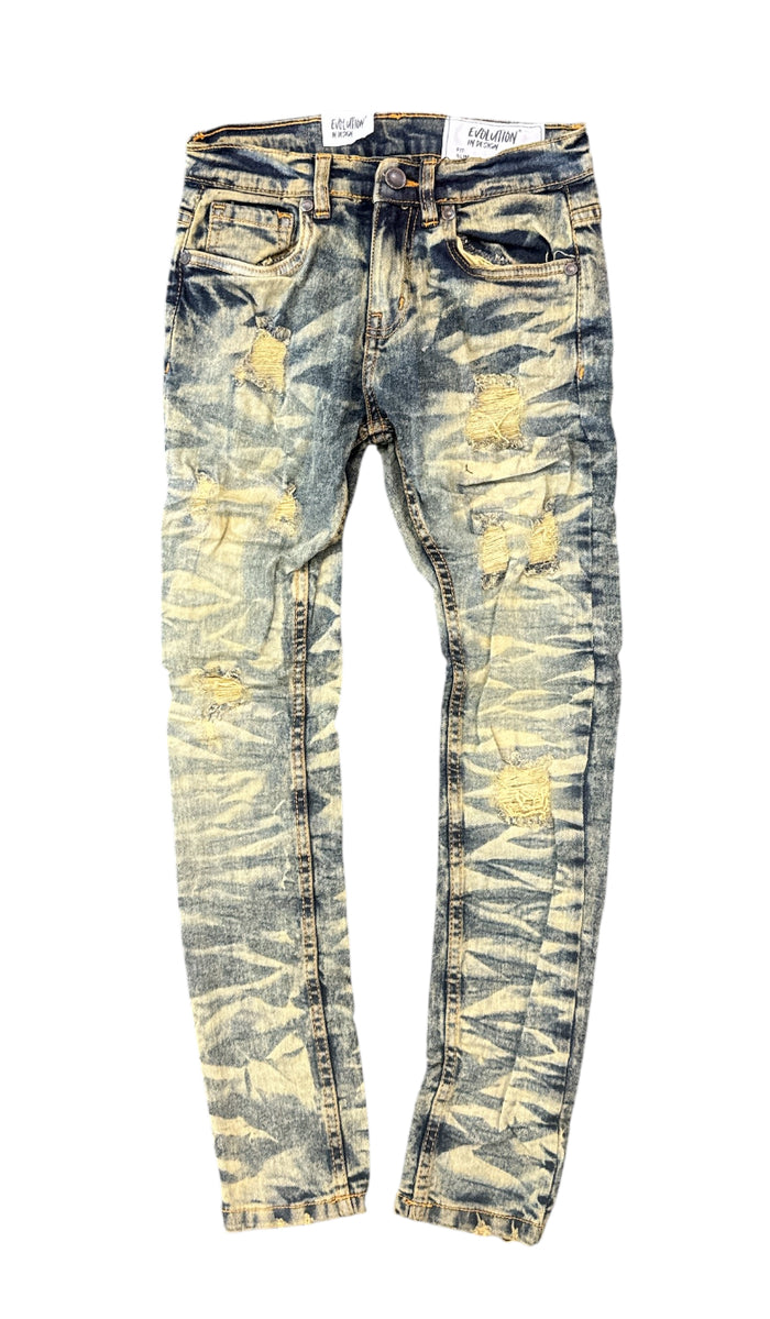 Evolution Kids Wild Tiger distressed ripple denim jeans for kids, medium tint with tiger graphic and textured rip details.