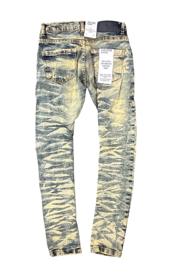 Evolution Kids Wild Tiger distressed ripple denim jeans in medium tint, featuring tiger print and trendy distressed details for kids.