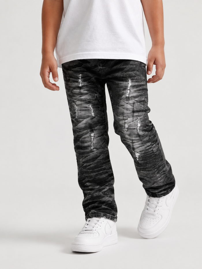 Evolution Kids Wild Tiger distressed ripple denim jeans in washed black, featuring a rugged tiger graphic for kids.
