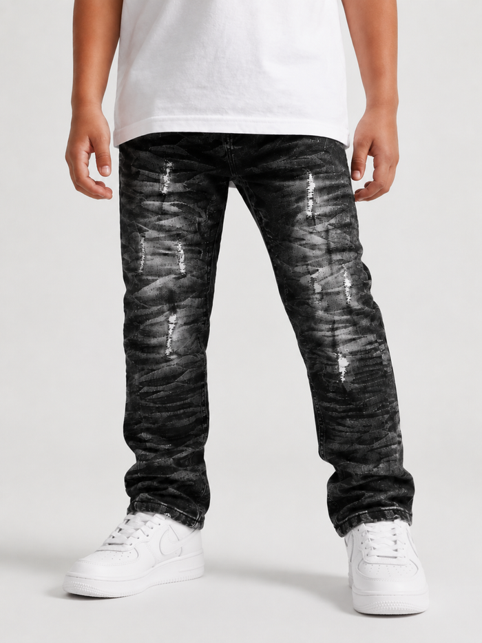 Evolution Kids Wild Tiger distressed ripple denim jeans in washed black, featuring a playful tiger design for kids.