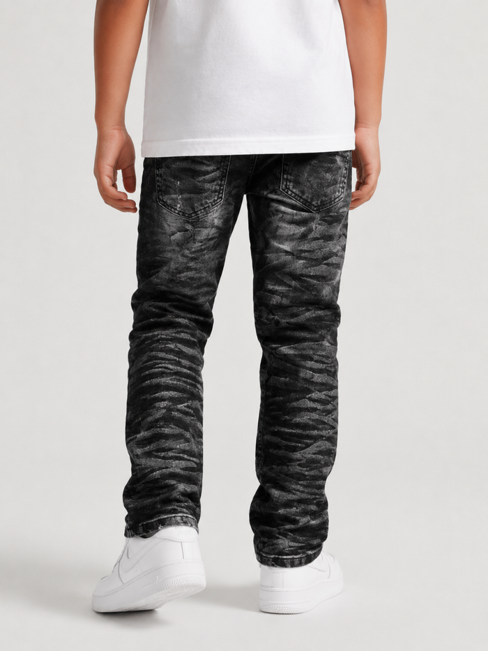 Evolution Kids Wild Tiger distressed ripple denim jeans in washed black, kids denim by EVOLUTION KIDS, featuring a tiger print design.
