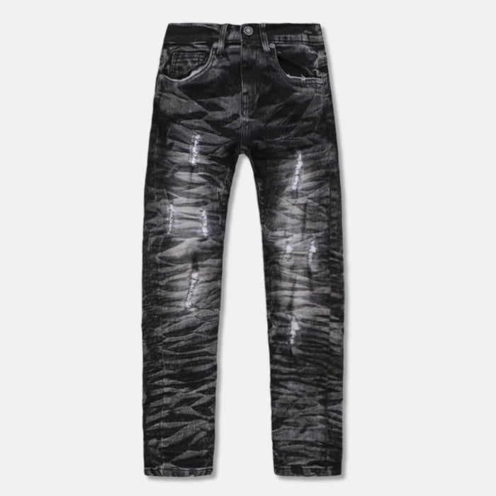 Evolution Kids Wild Tiger distressed ripple denim jeans in washed black, stylish kids' denim with tiger graphic design.