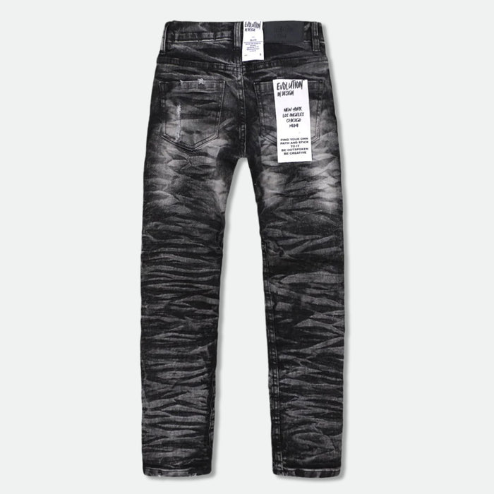 Evolution Kids Wild Tiger distressed ripple denim jeans in washed black, featuring a rugged tiger design for kids.
