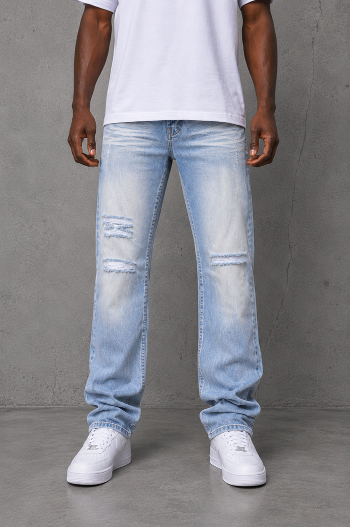 Evolution Relaxed Straight Ice Blue Denim jeans, front view showing relaxed fit and classic denim texture.