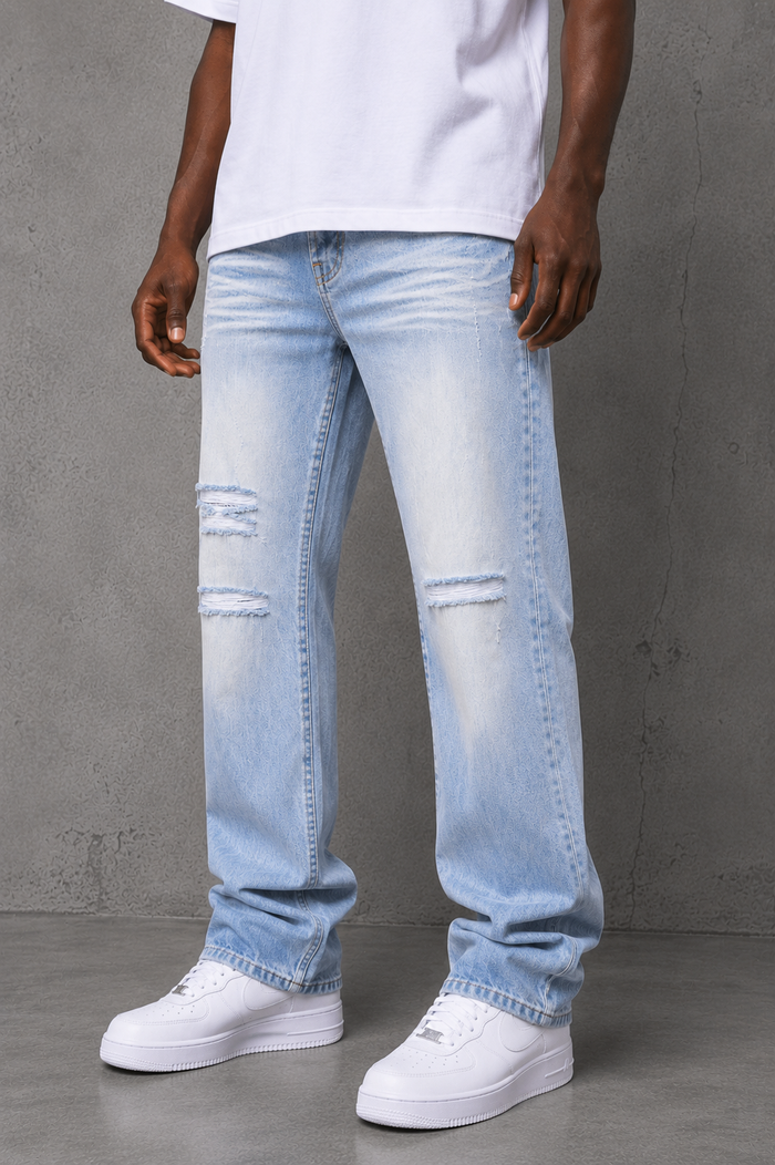 Evolution Relaxed Straight Denim in Ice Blue, showing the fitted denim pants with a relaxed straight-leg fit and classic five-pocket design.