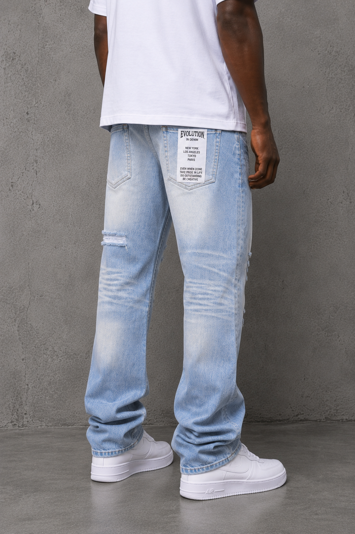 Evolution Relaxed Straight Denim in Ice Blue, showing the fit and light blue wash of the casual denim jeans.