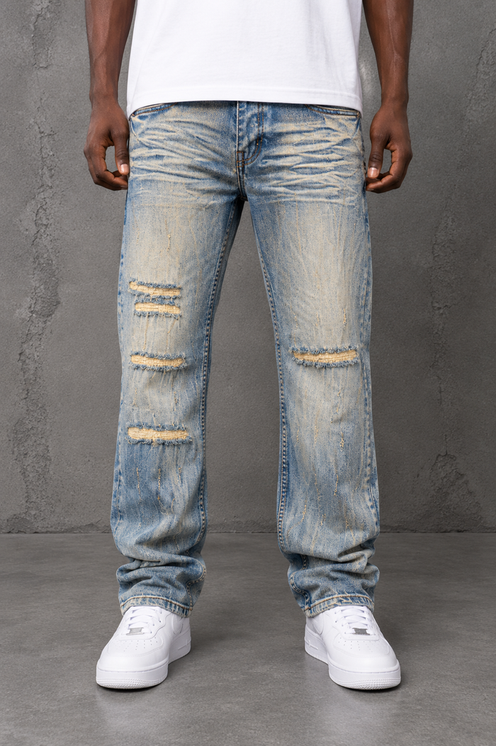 Evolution Relaxed Straight Denim in light tint, showing the fit and color of the casual men's denim jeans.