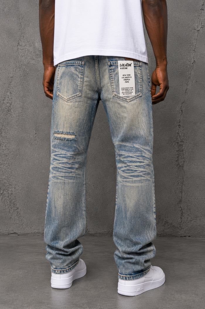 Light wash Evolution Relaxed Straight denim jeans, visible with classic five-pocket design and subtle fading.