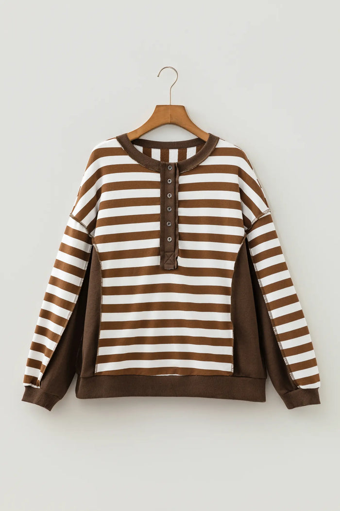 Exposed Seam Color Block Patchwork Button Placket Sweatshirt – Brown Stripe