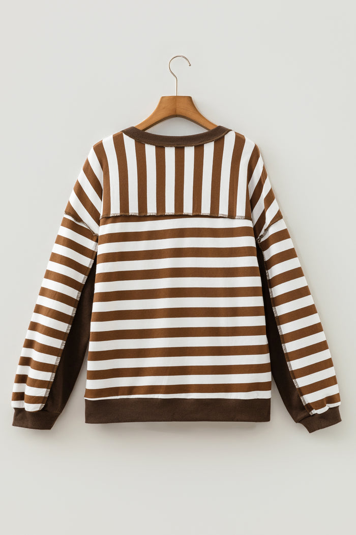 Exposed Seam Color Block Patchwork Button Placket Sweatshirt – Brown Stripe