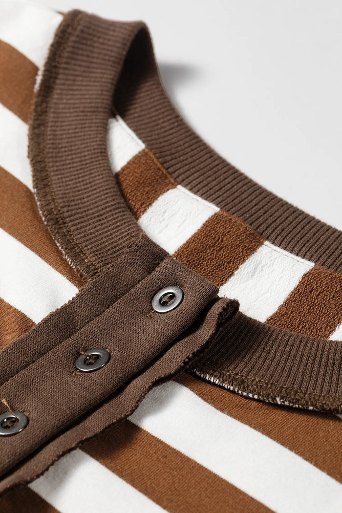 Exposed Seam Color Block Patchwork Button Placket Sweatshirt – Brown Stripe