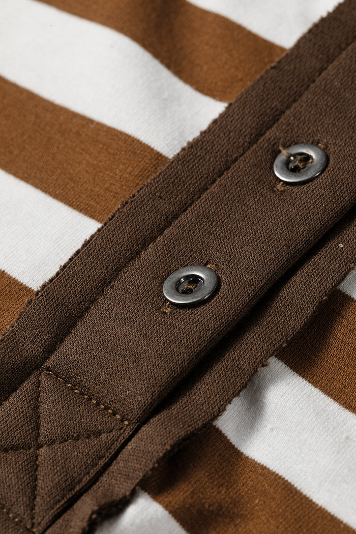 Exposed Seam Color Block Patchwork Button Placket Sweatshirt – Brown Stripe