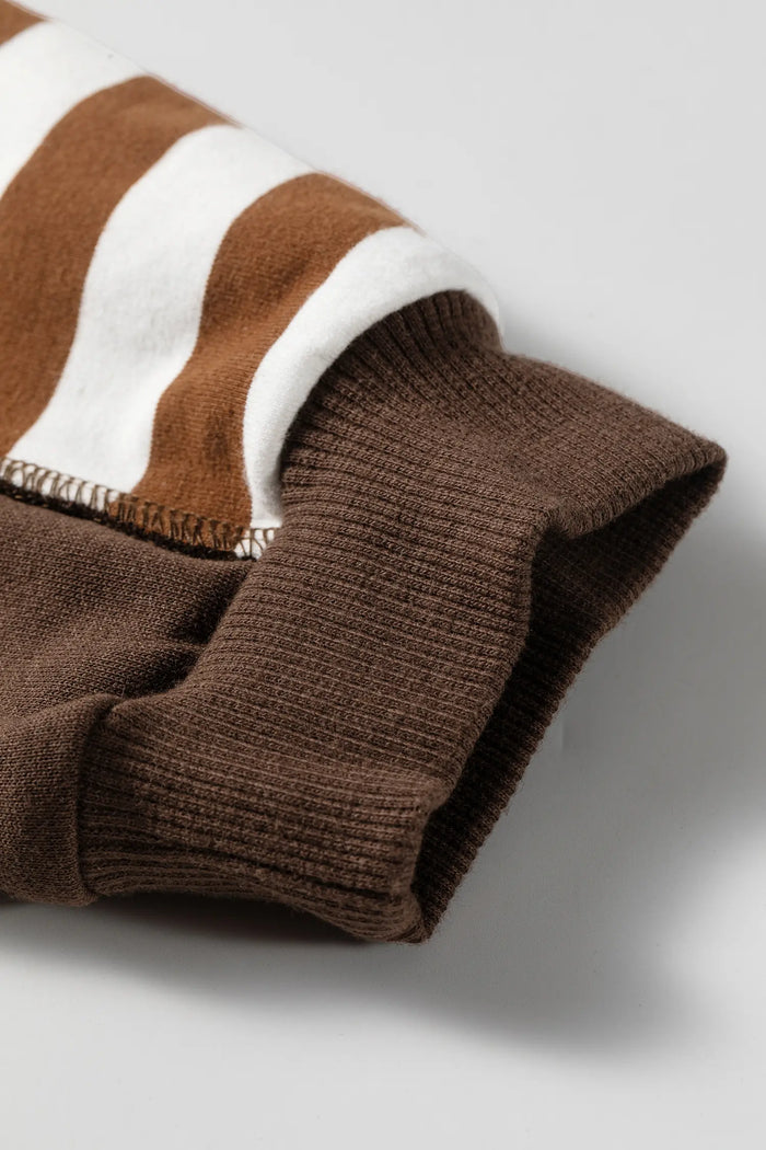 Exposed Seam Color Block Patchwork Button Placket Sweatshirt – Brown Stripe