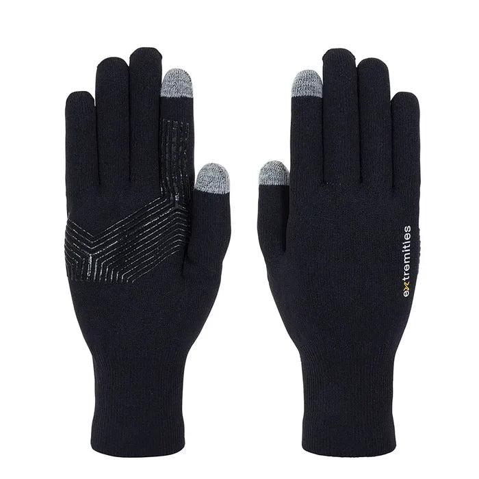 Pair of Extremities Evolution Waterproof Touchscreen Gloves in black photographed on a white background