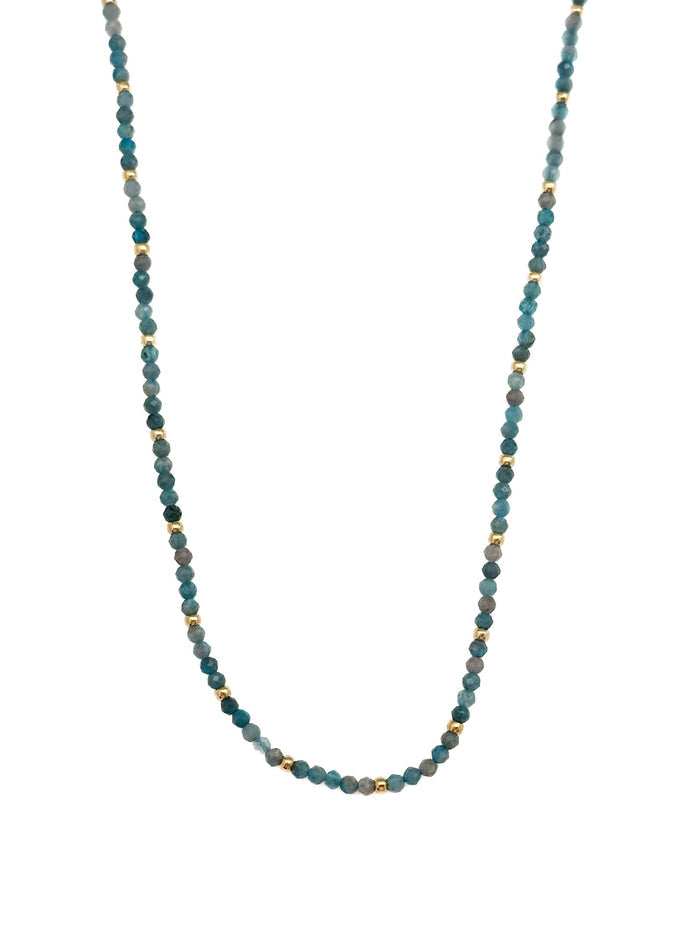 Farah Apatite Stainless Steel Necklace with faceted blue-green apatite beads and gold accents on white background.