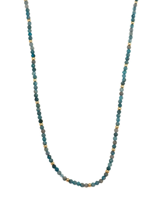 Farah Apatite Stainless Steel Necklace with faceted blue-green apatite beads and gold accents on white background.