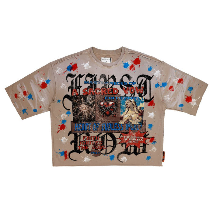 First Row ‘A Sacred Vow Endless Mercy’ khaki cropped T-shirt with graphic print, casual style, and short sleeves.